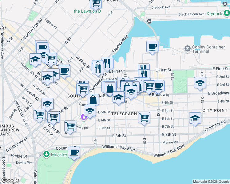 map of restaurants, bars, coffee shops, grocery stores, and more near 60 H Street in Boston