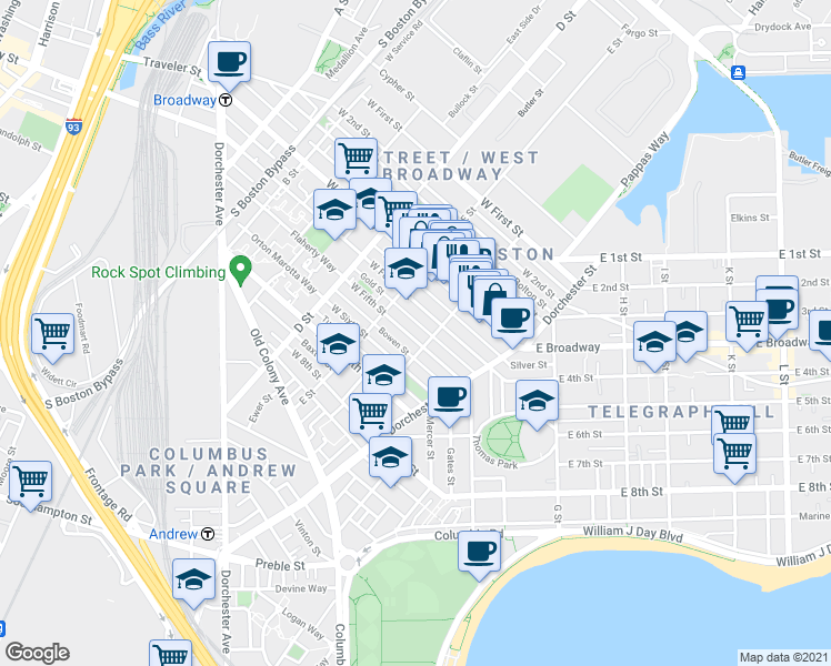 map of restaurants, bars, coffee shops, grocery stores, and more near 104 F Street in Boston