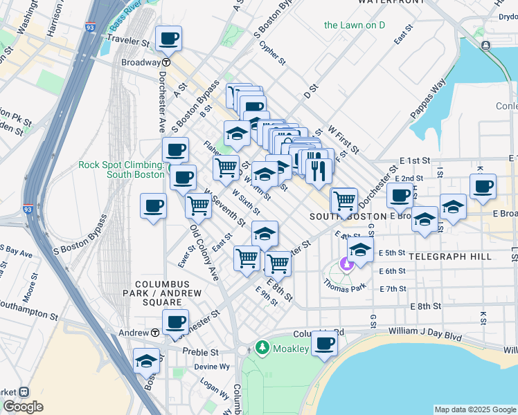 map of restaurants, bars, coffee shops, grocery stores, and more near 223 West Fifth Street in Boston