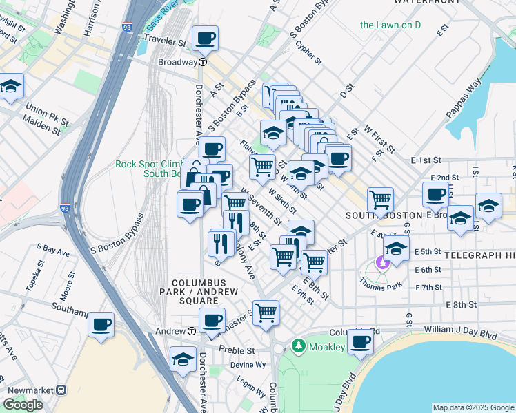 map of restaurants, bars, coffee shops, grocery stores, and more near 114 West Seventh Street in Boston