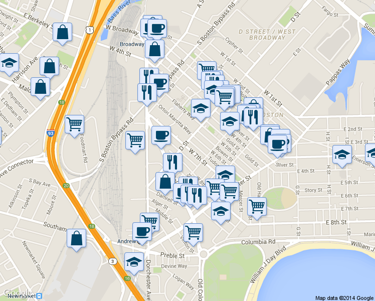 map of restaurants, bars, coffee shops, grocery stores, and more near 114 West Seventh Street in Boston