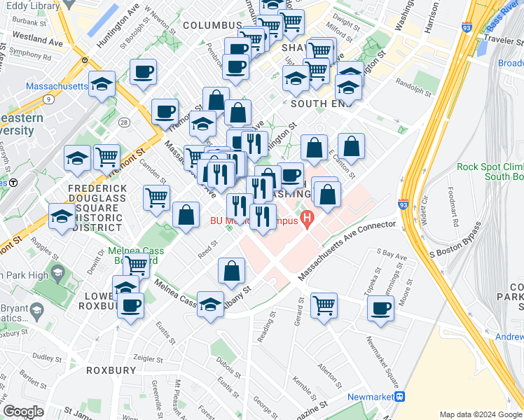 map of restaurants, bars, coffee shops, grocery stores, and more near 33 Worcester Square in Boston
