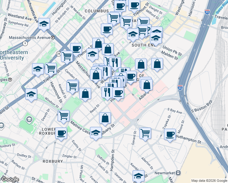 map of restaurants, bars, coffee shops, grocery stores, and more near 33 Worcester Square in Boston