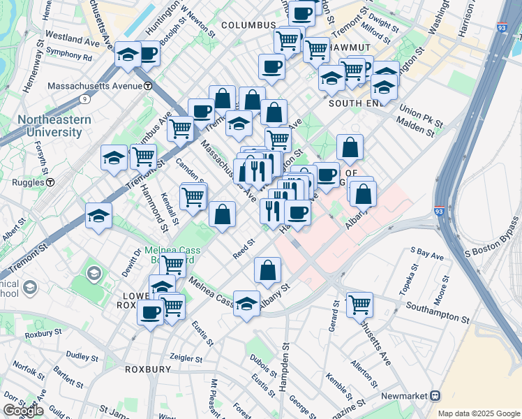 map of restaurants, bars, coffee shops, grocery stores, and more near 668 Massachusetts Avenue in Boston