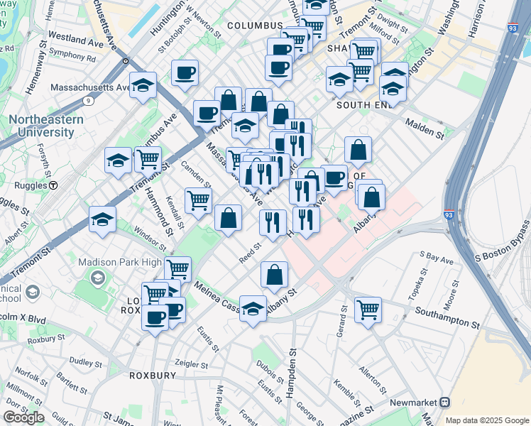 map of restaurants, bars, coffee shops, grocery stores, and more near 668 Massachusetts Avenue in Boston