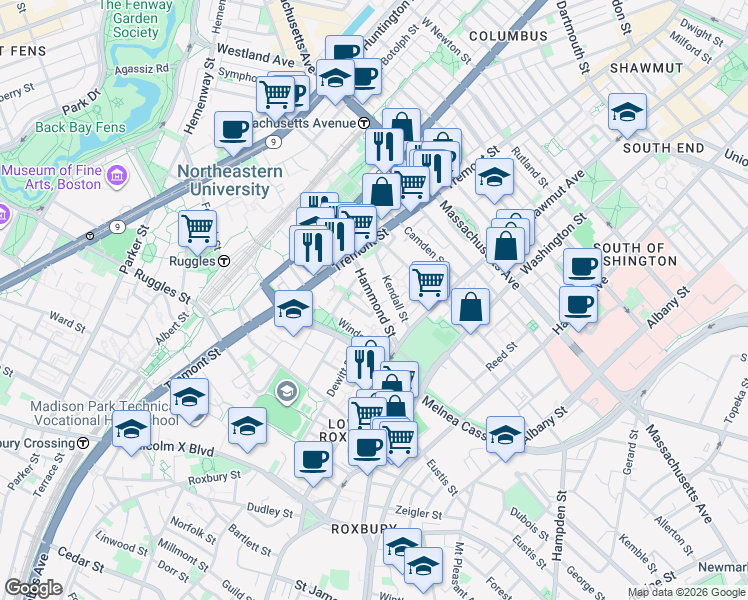 map of restaurants, bars, coffee shops, grocery stores, and more near 10 Sussex Street in Boston