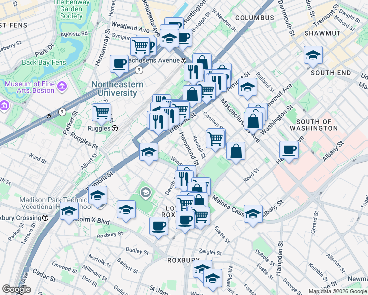map of restaurants, bars, coffee shops, grocery stores, and more near 10 Sussex Street in Boston