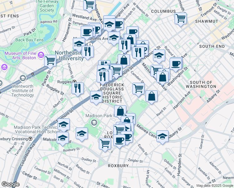 map of restaurants, bars, coffee shops, grocery stores, and more near 10 Sussex Street in Boston