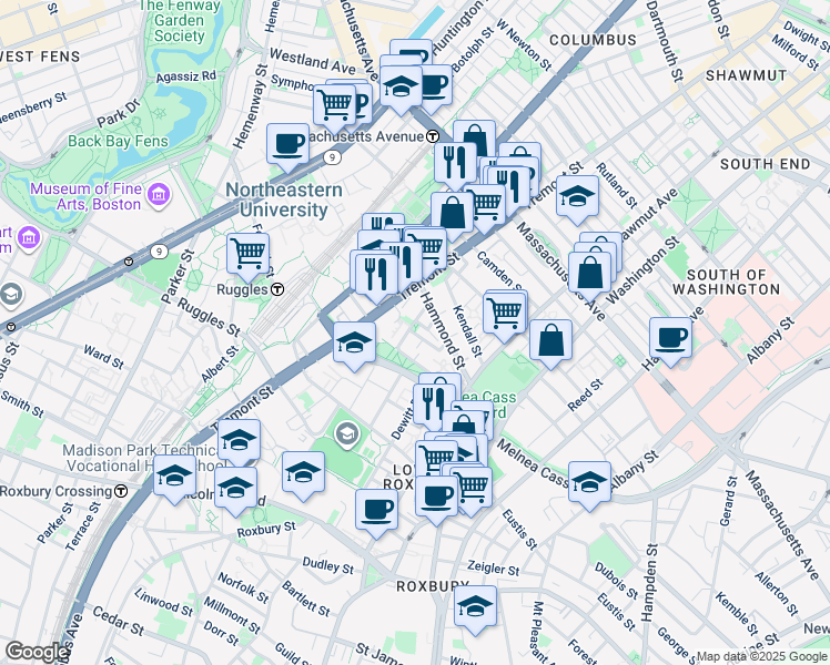 map of restaurants, bars, coffee shops, grocery stores, and more near 10 Sussex Street in Boston