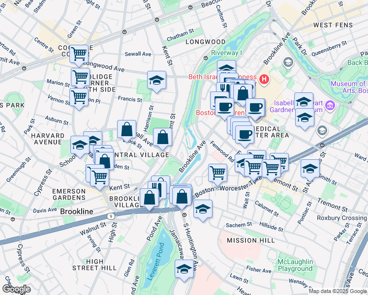map of restaurants, bars, coffee shops, grocery stores, and more near 23 Netherlands Road in Brookline