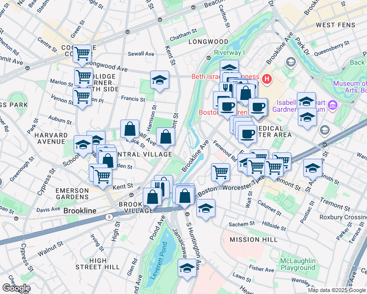 map of restaurants, bars, coffee shops, grocery stores, and more near 23 Netherlands Road in Brookline