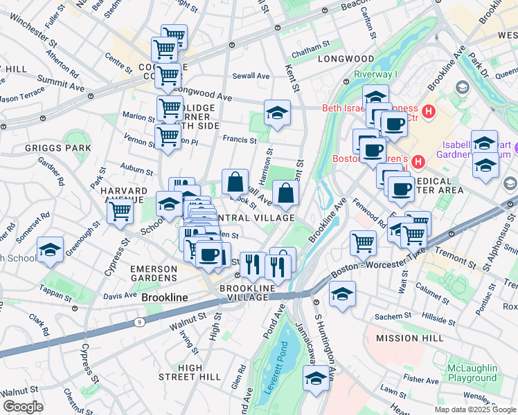 map of restaurants, bars, coffee shops, grocery stores, and more near 203 Aspinwall Avenue in Brookline