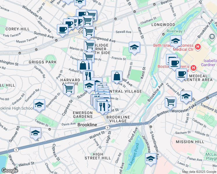 map of restaurants, bars, coffee shops, grocery stores, and more near 13 Tabor Place in Brookline