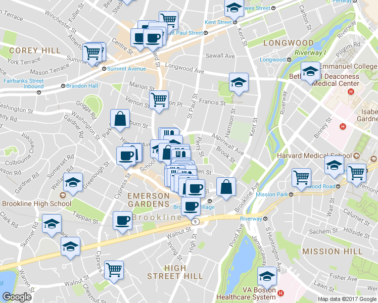 map of restaurants, bars, coffee shops, grocery stores, and more near 13 Tabor Place in Brookline