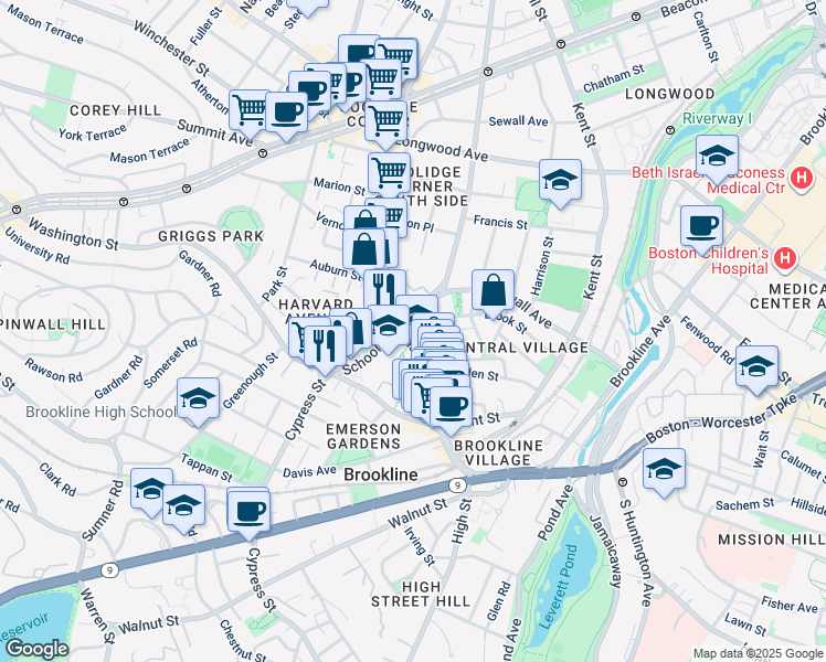 map of restaurants, bars, coffee shops, grocery stores, and more near 14 Homer Street in Brookline