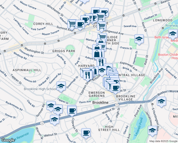 map of restaurants, bars, coffee shops, grocery stores, and more near 32 Harvard Avenue in Brookline