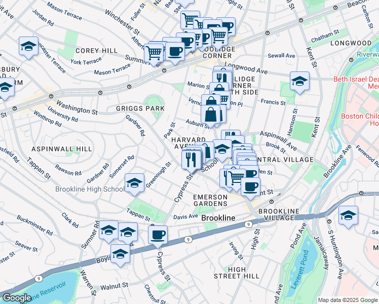 map of restaurants, bars, coffee shops, grocery stores, and more near 54 Harvard Avenue in Brookline
