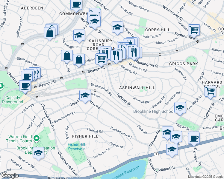 map of restaurants, bars, coffee shops, grocery stores, and more near 299 Tappan Street in Brookline