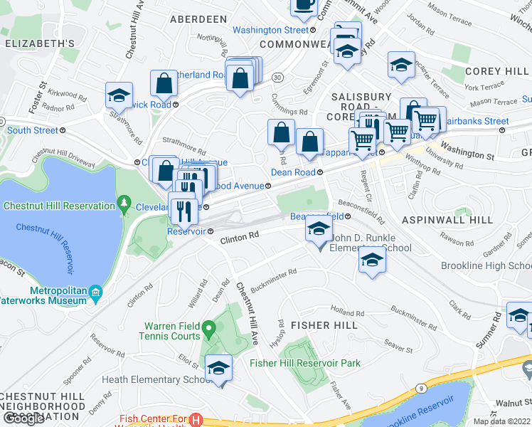 map of restaurants, bars, coffee shops, grocery stores, and more near in Brookline