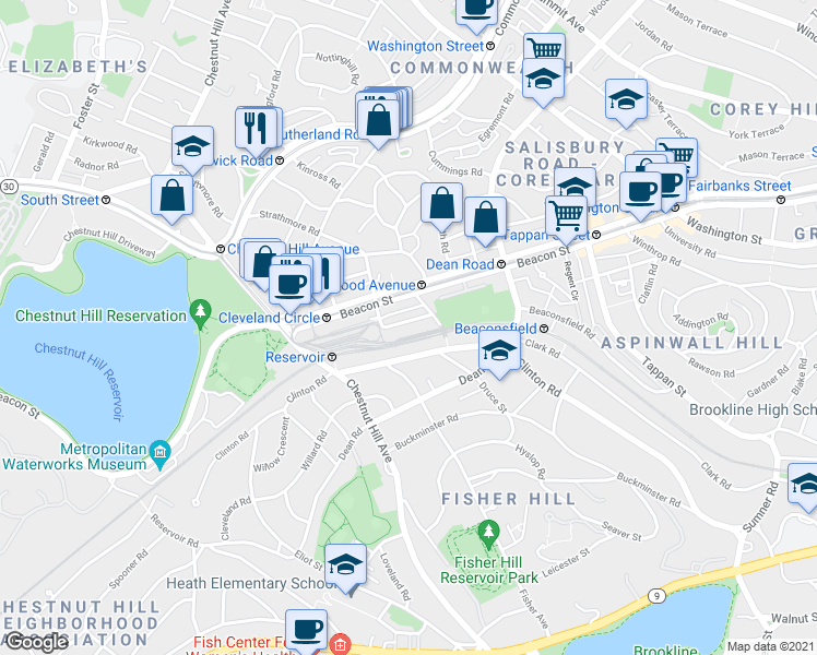 map of restaurants, bars, coffee shops, grocery stores, and more near 19 Strathmore Road in Brookline