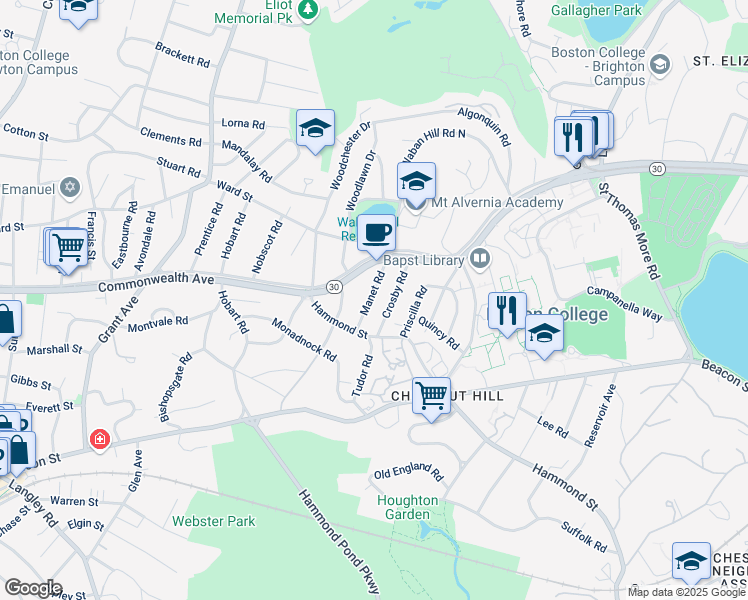 map of restaurants, bars, coffee shops, grocery stores, and more near 97 Manet Road in Newton