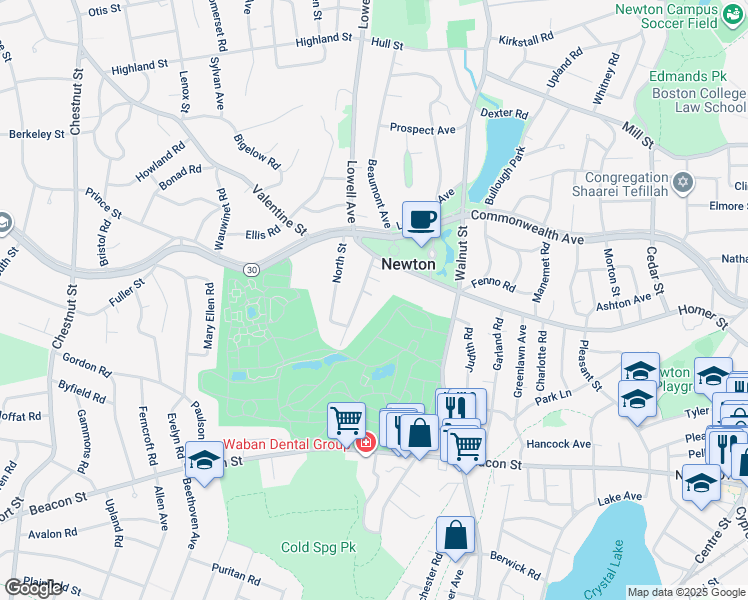 map of restaurants, bars, coffee shops, grocery stores, and more near 34 Cummings Road in Newton