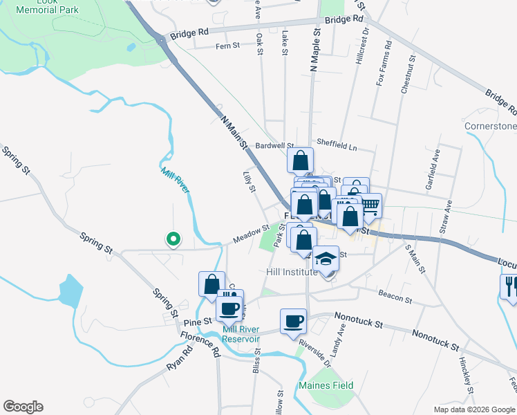 map of restaurants, bars, coffee shops, grocery stores, and more near 22 Lilly Street in Northampton