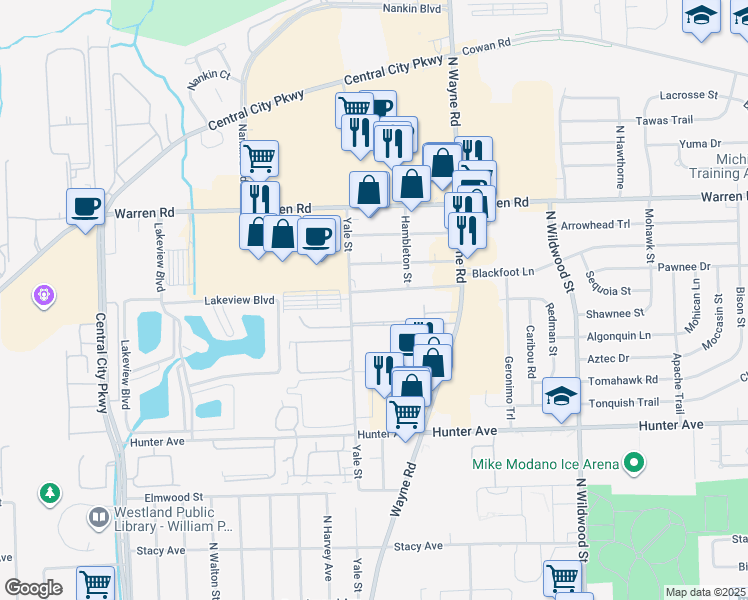 map of restaurants, bars, coffee shops, grocery stores, and more near 35263 Lewis Street in Westland