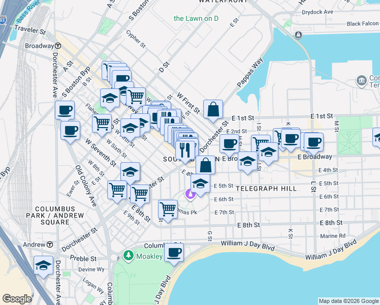 map of restaurants, bars, coffee shops, grocery stores, and more near 472 West Broadway in Boston