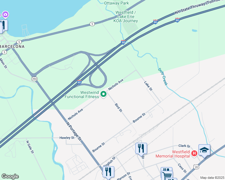 map of restaurants, bars, coffee shops, grocery stores, and more near 57 Bird Street in Westfield
