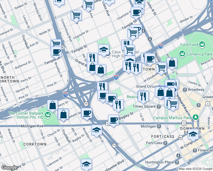 map of restaurants, bars, coffee shops, grocery stores, and more near 830 West Fisher Service Drive in Detroit