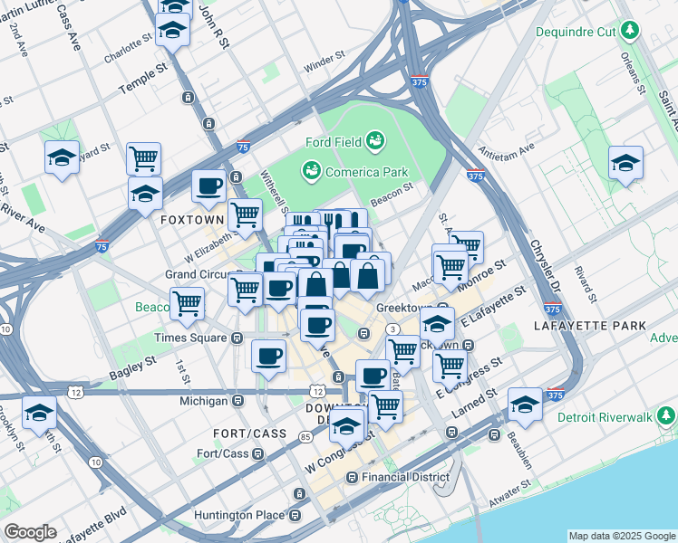 map of restaurants, bars, coffee shops, grocery stores, and more near 1426 Broadway Street in Detroit