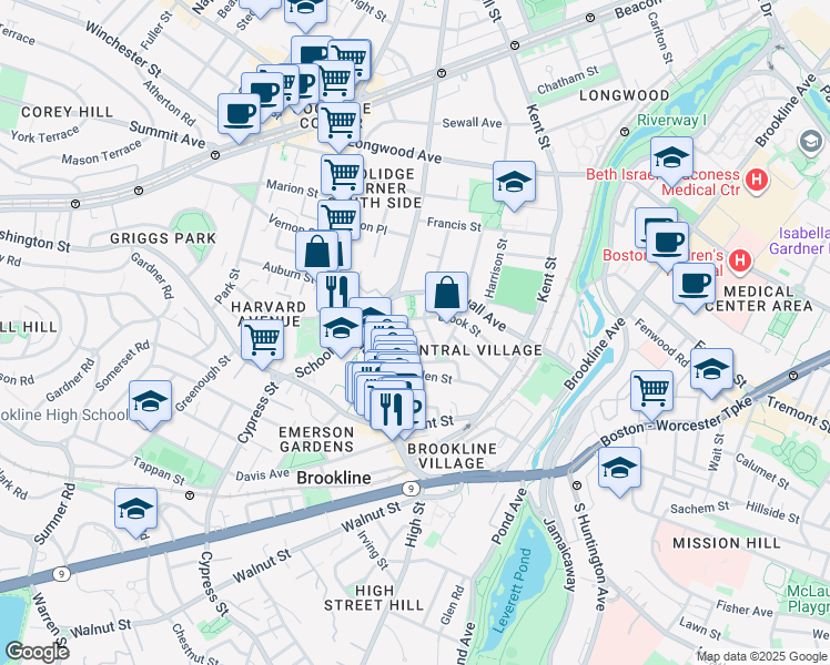 map of restaurants, bars, coffee shops, grocery stores, and more near 74 Tabor Place in Brookline