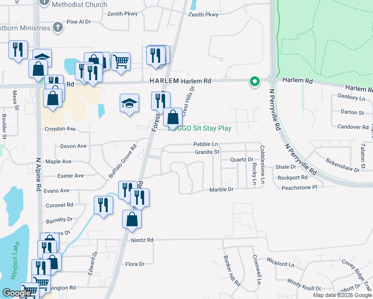 map of restaurants, bars, coffee shops, grocery stores, and more near 5146 Granite Street in Loves Park