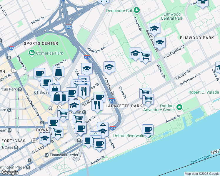 map of restaurants, bars, coffee shops, grocery stores, and more near 1000 Chrysler Drive in Detroit