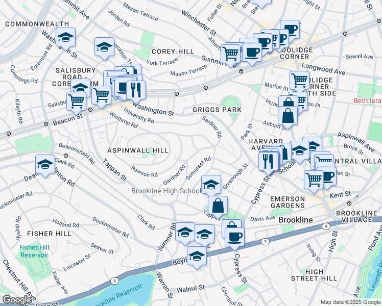 map of restaurants, bars, coffee shops, grocery stores, and more near 123 Gardner Road in Brookline