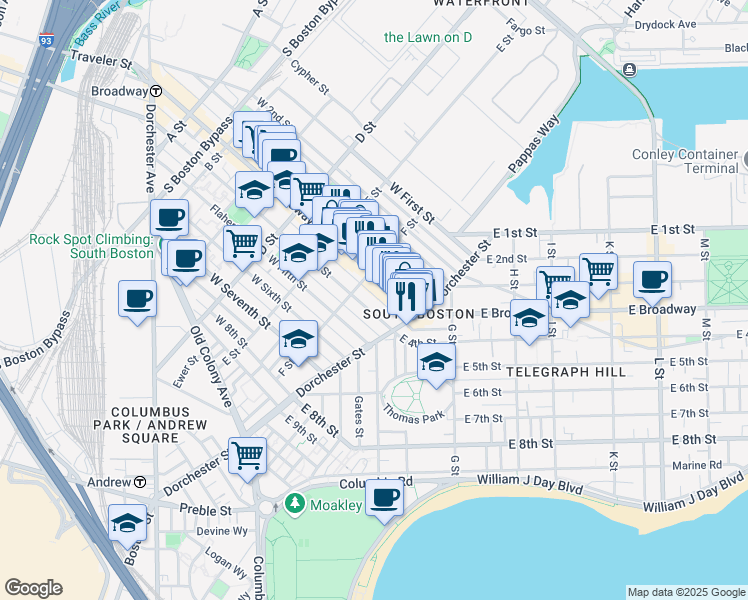 map of restaurants, bars, coffee shops, grocery stores, and more near 293 Silver St in Boston