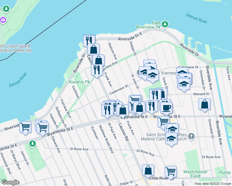 map of restaurants, bars, coffee shops, grocery stores, and more near 408 Frank Avenue in Windsor