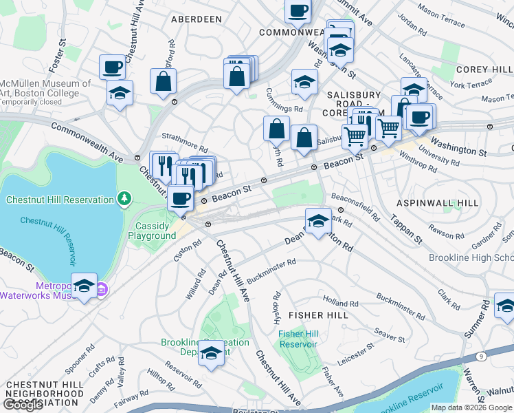 map of restaurants, bars, coffee shops, grocery stores, and more near in Brookline