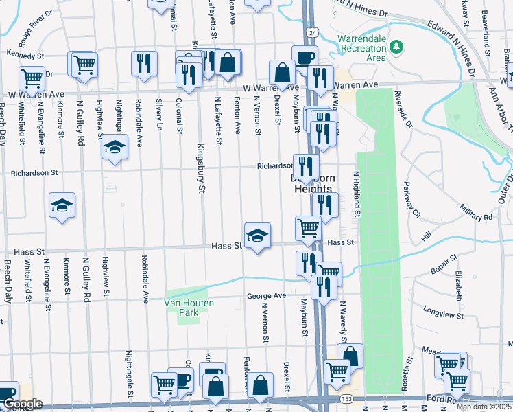 map of restaurants, bars, coffee shops, grocery stores, and more near 6523 North Vernon Street in Dearborn Heights