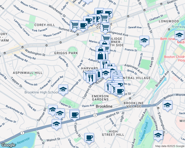 map of restaurants, bars, coffee shops, grocery stores, and more near 32 Harvard Avenue in Brookline