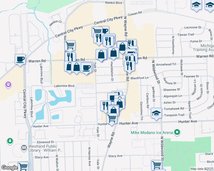 map of restaurants, bars, coffee shops, grocery stores, and more near 35263 Lewis St in Westland