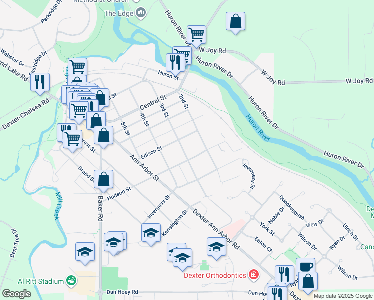 map of restaurants, bars, coffee shops, grocery stores, and more near 7740 3rd Street in Dexter