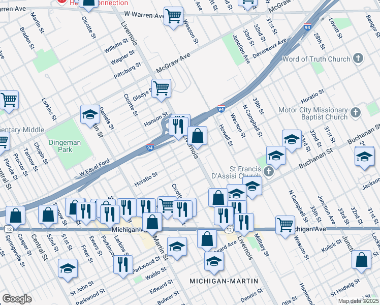 map of restaurants, bars, coffee shops, grocery stores, and more near 4927 Livernois in Detroit