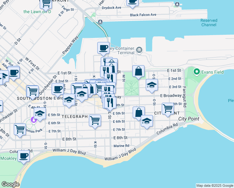 map of restaurants, bars, coffee shops, grocery stores, and more near 784 East Broadway in Boston