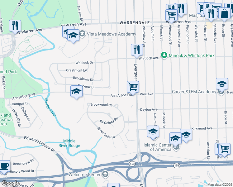 map of restaurants, bars, coffee shops, grocery stores, and more near 6307 Heyden in Dearborn Heights