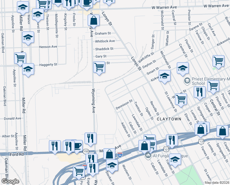 map of restaurants, bars, coffee shops, grocery stores, and more near 8695 Smart Street in Detroit