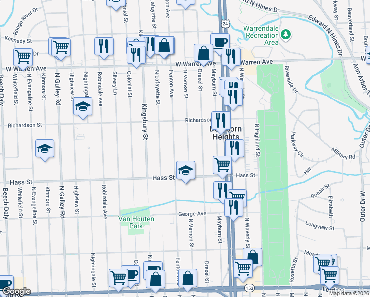 map of restaurants, bars, coffee shops, grocery stores, and more near 6523 North Vernon Street in Dearborn Heights