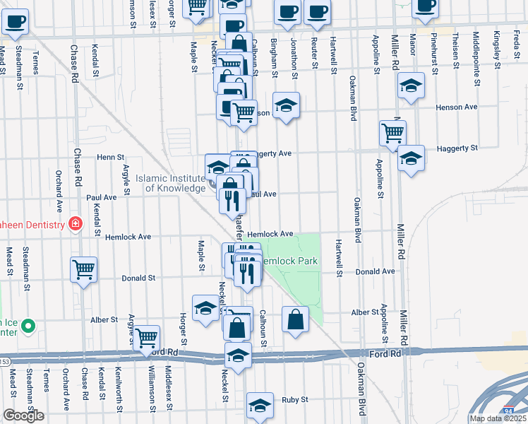 map of restaurants, bars, coffee shops, grocery stores, and more near 6306 Calhoun Street in Dearborn