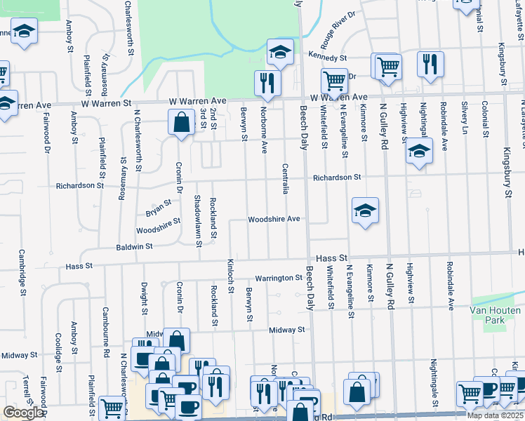 map of restaurants, bars, coffee shops, grocery stores, and more near 6631 Norborne Avenue in Dearborn Heights